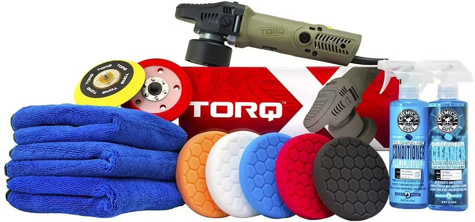 Chemical Guys BUF_209X TORQX Random Orbital Polisher, Complete Detailing Kit with Pads, Pad Cleaner & Conditioner, Towels (Safe for Cars, Trucks, SUVs, & More) 700W, Orbit 8mm - 12 Items