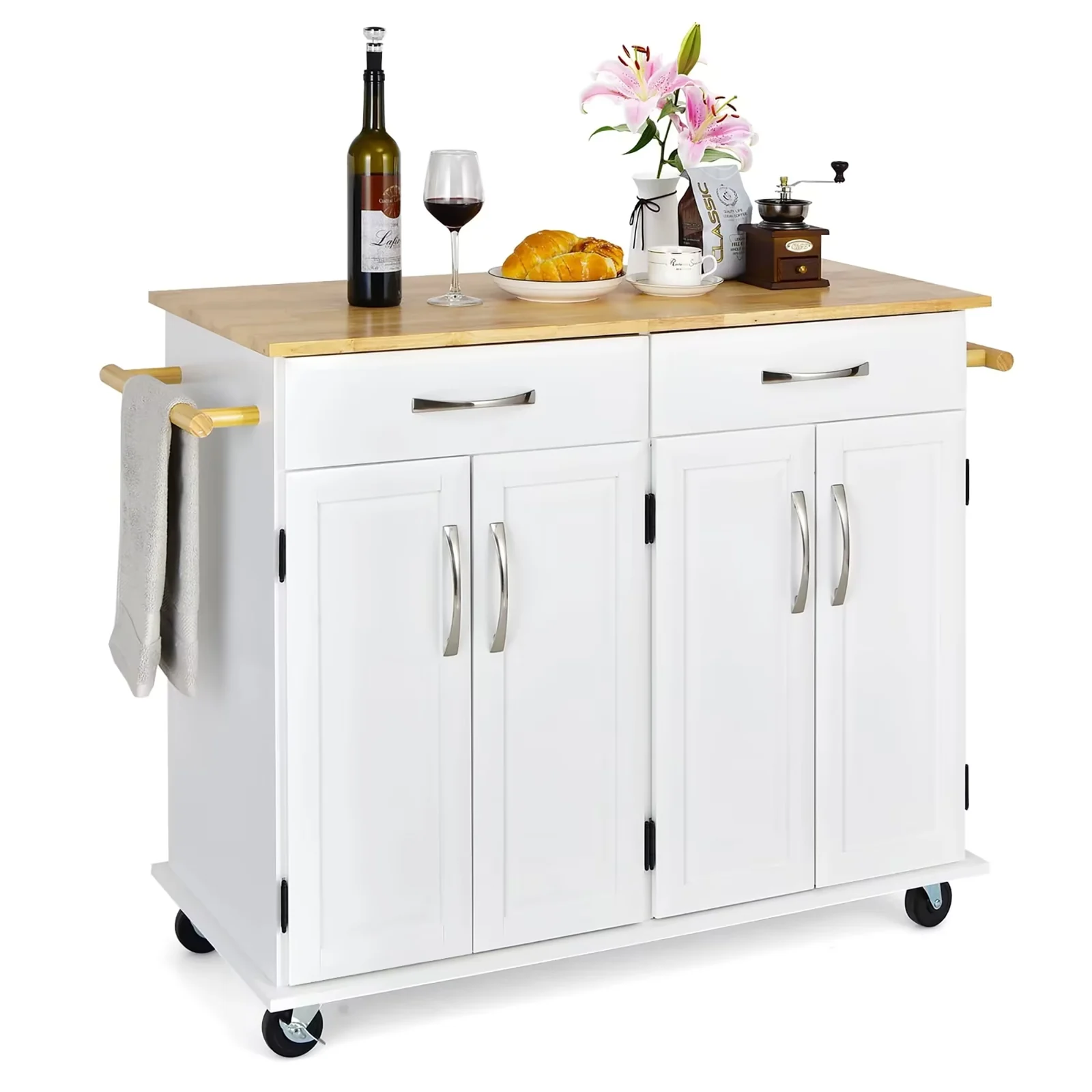 Costway 4-Door Rolling Kitchen Island Cart Buffet Cabinet w/ Towel Racks Drawers White