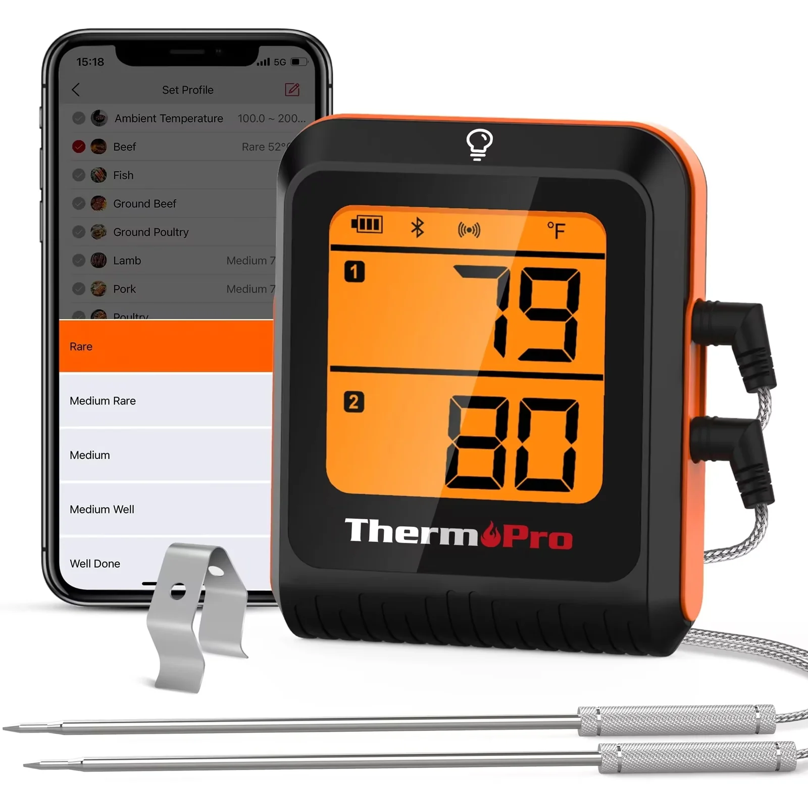 TThermoPro TP920w 500FT Wireless Bluetooth Meat Thermometer with Dual Temperature Probe Smart Digital Cooking BBQ Thermometer for Grilling Oven Food Smoker Thermometer, Rechargeable