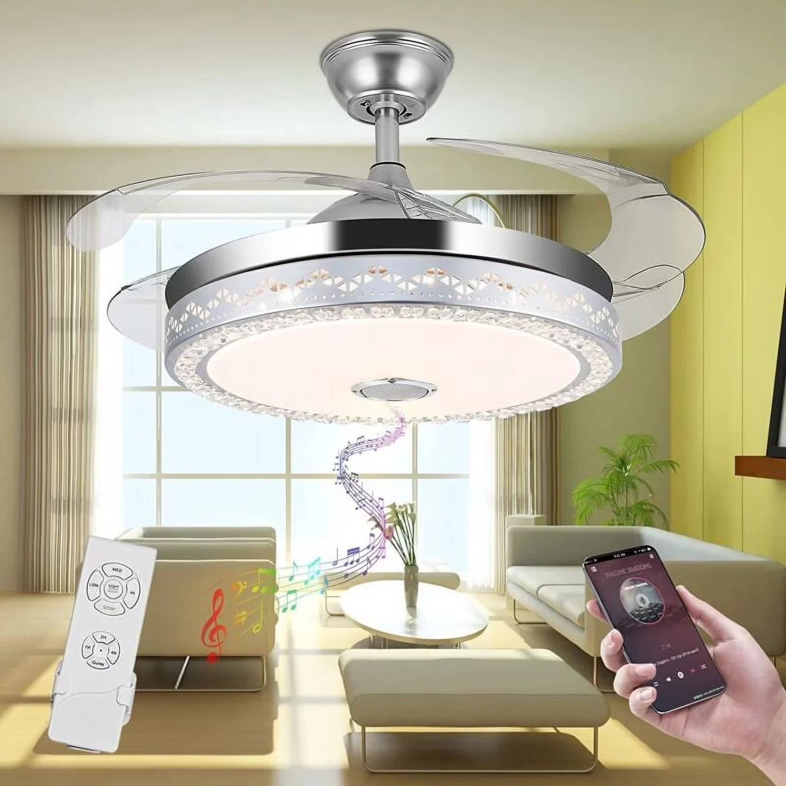 42"Invisible Chandelier Ceiling Fan with Light and Bluetooth Speaker,Modern 3 Color Change Crystal Ceiling Fan Light with Remote Control 4 Retractable ABS Blades