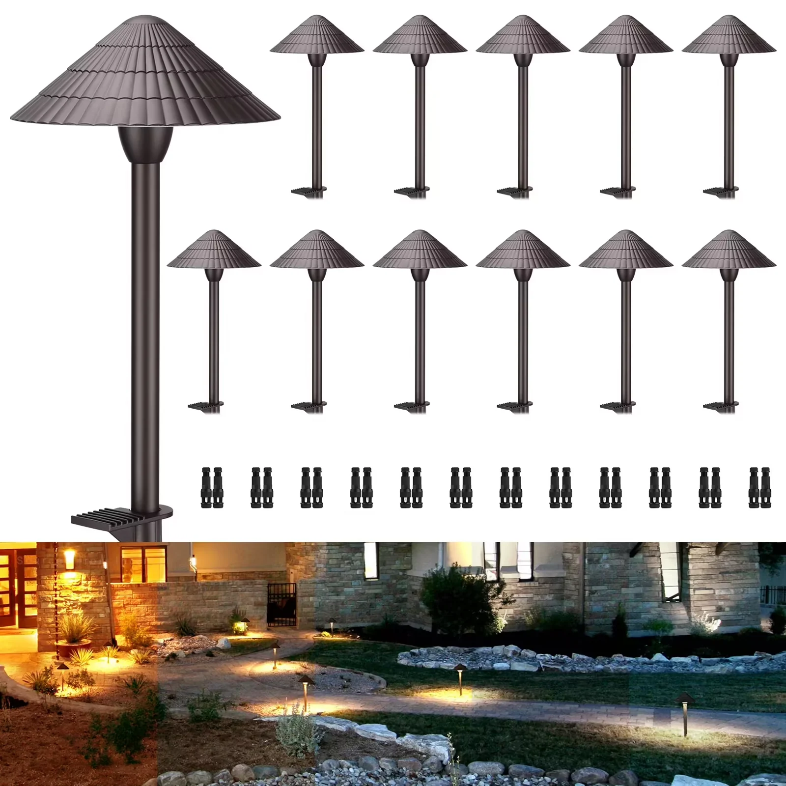 12 Pack 5CCT LED Pathway Landscape Lights, 1800K/2700K/3000K/4000K/5000K Selectable, 12-24V AC/DC Low Voltage, IP65 Waterproof, Oil Rubbed Bronze, Aluminum Housing