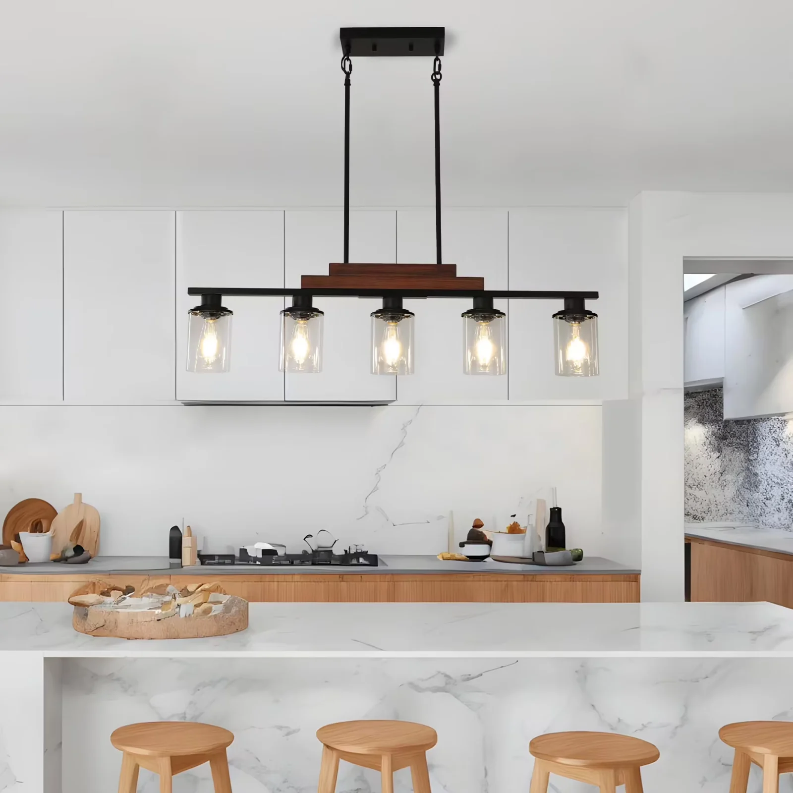 5-Light Kitchen Island Pendant Light, Farmhouse Industrial Chandeliers with Two Metal Rod Supports, Rectangular Island Lights for Kitchen, Living Room, Walnut/Black