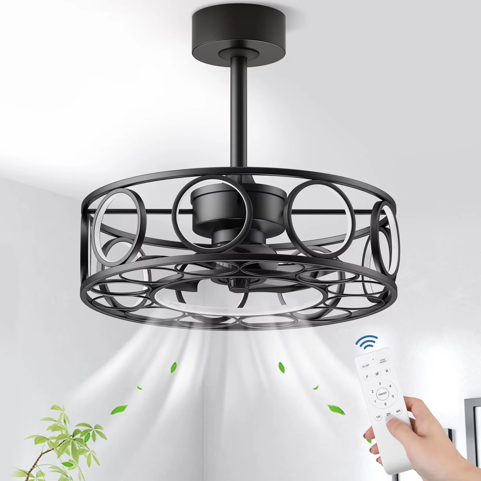 19.7" Caged Ceiling Fan with Light Remote Control, Black Modern 3 Color Temperature Pendant Light for Home & Kitchen