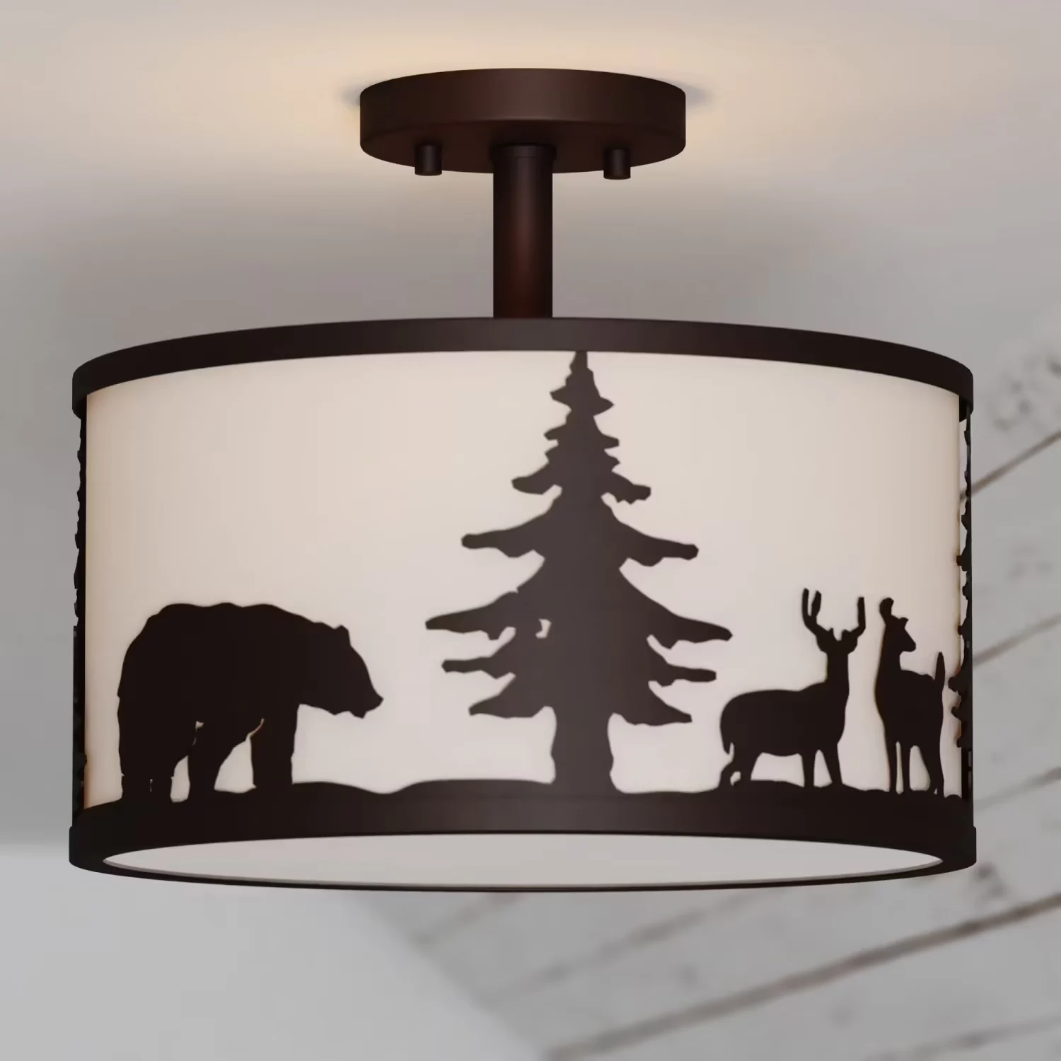 Acadia 13-in W Bronze Rustic Semi Flush Mount Ceiling Light White Linen Deer Tree