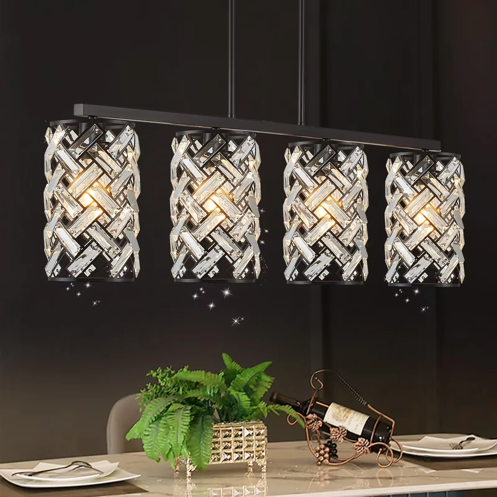 40" Crystal Kitchen Island Lighting 4 Lights Modern Black Linear Chandelier Dining Room Light Fixture Over Table Luxury Ceiling Pendant Light Fixture