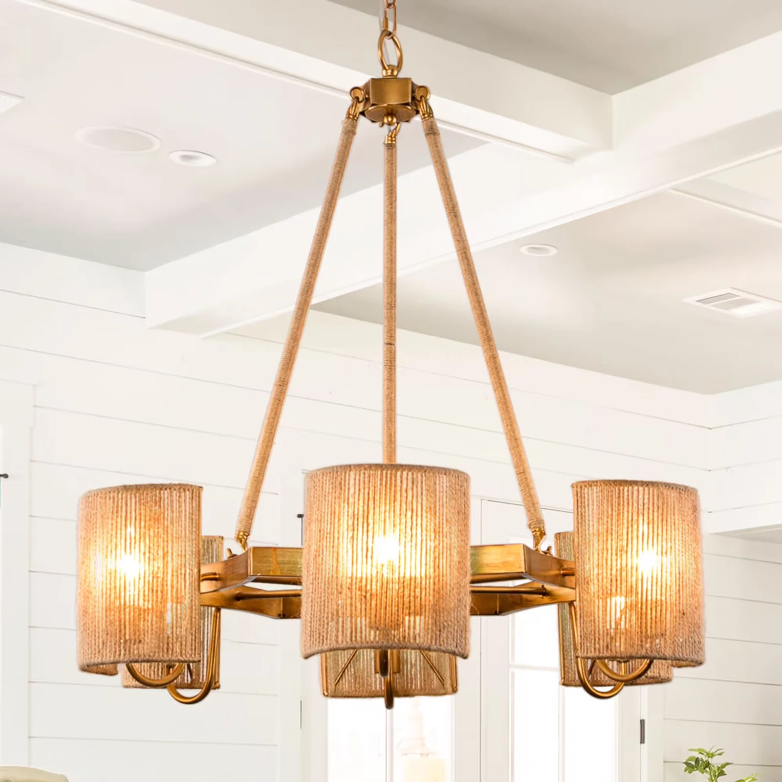 30'' Farmhouse Wood Chandelier, 6-Light Rustic Dining Room Light Fixture, Adjustable Height, Wood Pendant Lighting for Kitchen Living Room Hallway