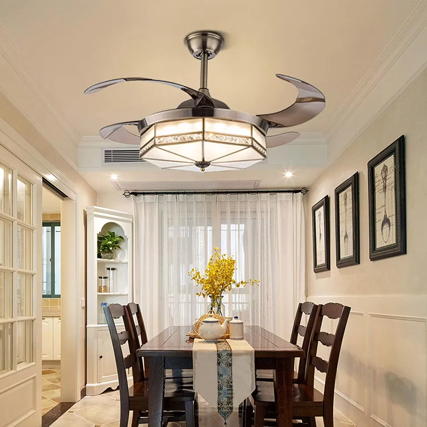 42" Retractable Chandelier Fan Painted Style Ceiling Fan with Light and Remote Control White Chandelier Fan Lamp 3 Speed Chic Crystal Ceiling Fan Lamp 3 Color Chandelier Living Room Decor