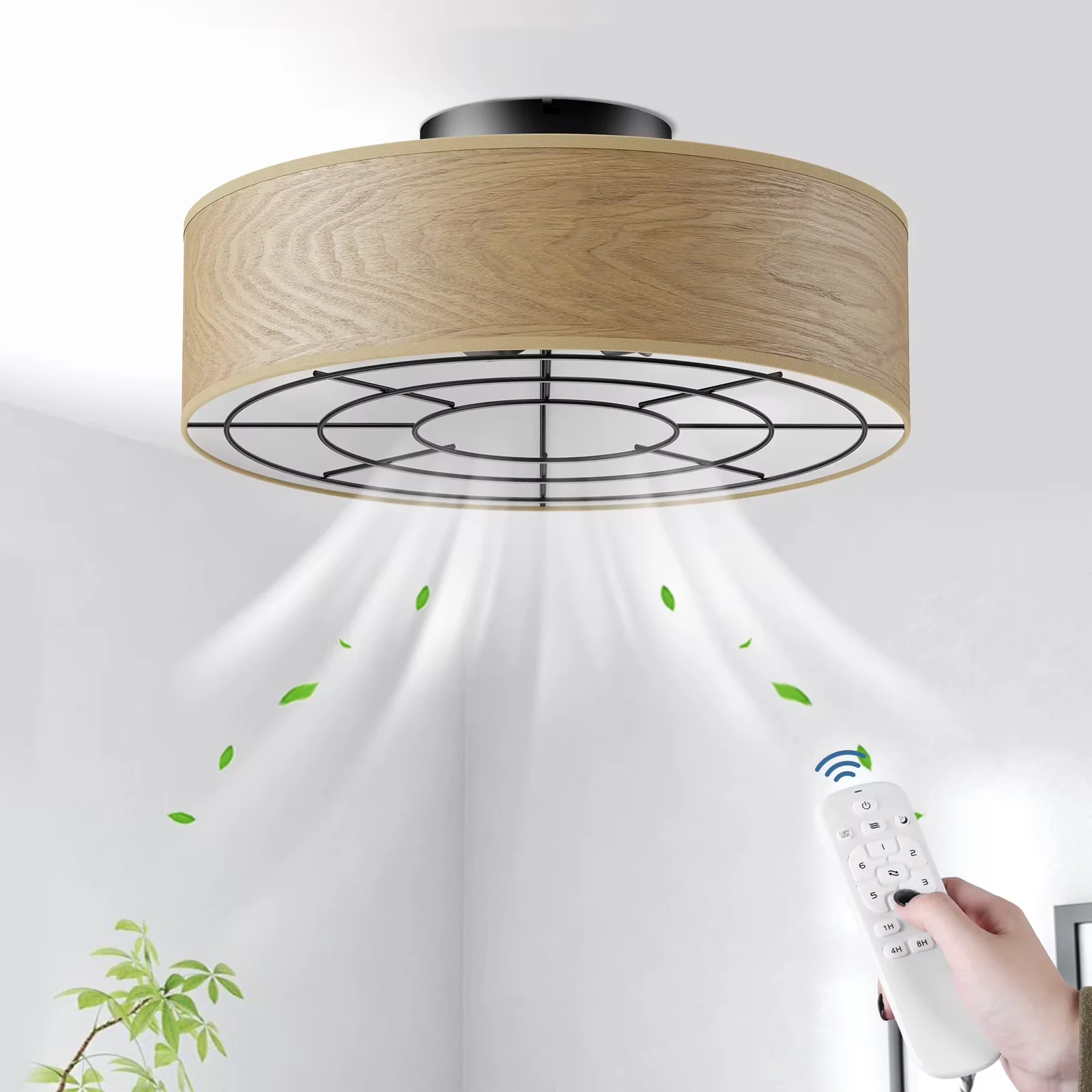 19.9" Ceiling Fan with 4 LED Bulbs Remote Control, Beige Farmhouse Rustic Style Indoor Ceiling Fan for Home & Kitchen