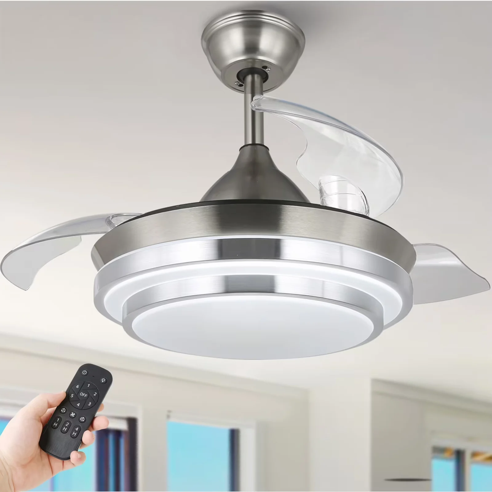 36'' LED Retractable Blades Ceiling Fan with Remote Control and Light Kit, 6-Speed Ceiling Fan with Reversile Blades