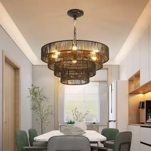 ACE-LIGHTS,Rustic 4-Tier Height Adjustable Hemp Rope Chandelier(Bulb Not Included),Pendant Light,Handmade Tiered Boho Ceiling Light Fixture for Living,Dining Room,Kitchen,Foyer(Black��