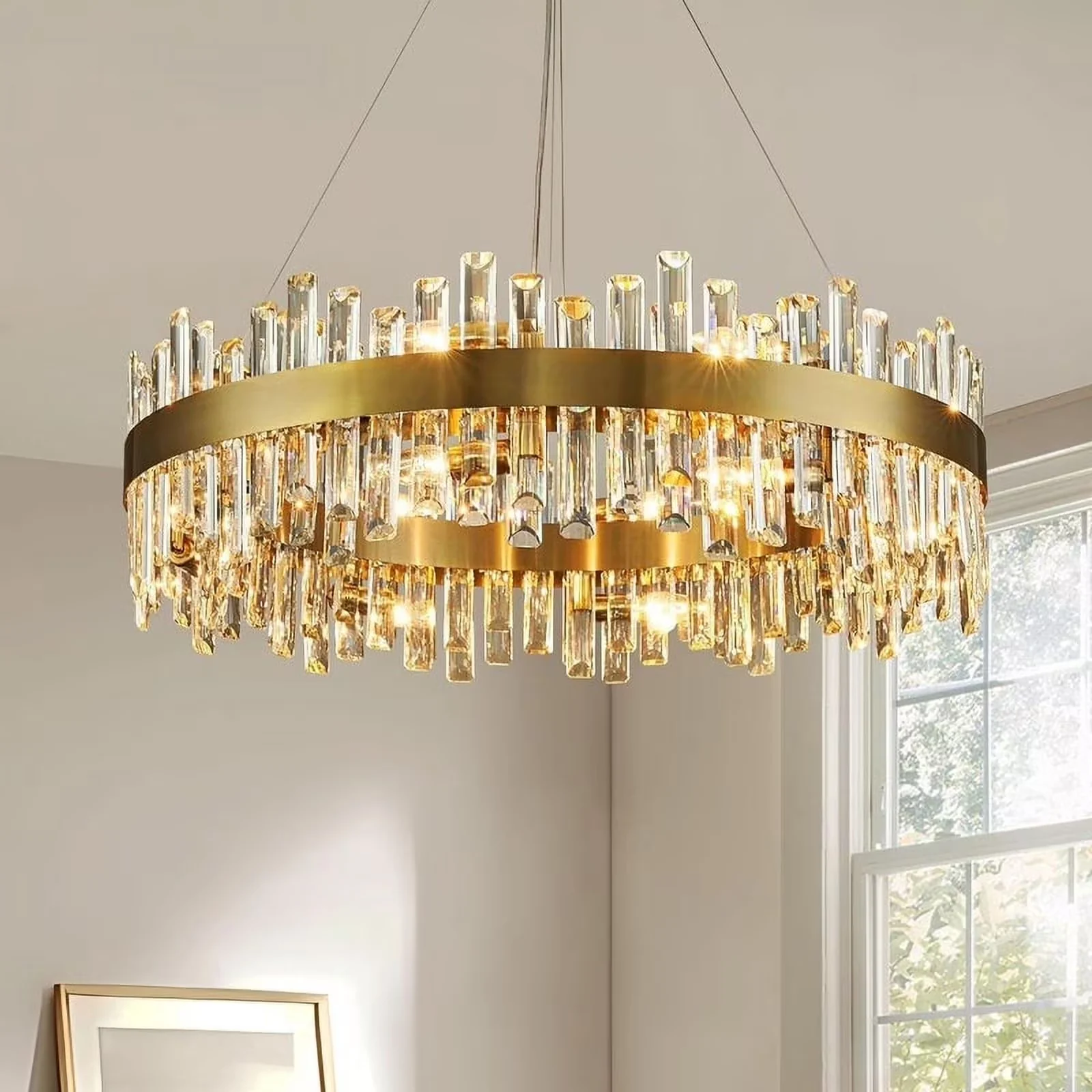 32 in. Brass Modern Crystal Chandelier 2-Tier Gold Glam Chandelier Luxury Kitchen Island Pendant Light for Living Dining Room