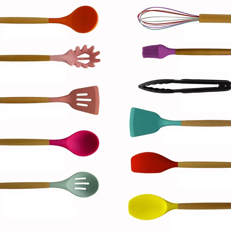 A set of kitchen utensils with wooden handles and colorful silicone heads, including a whisk, spatulas, spoons, a pasta server, a basting brush, and tongs.